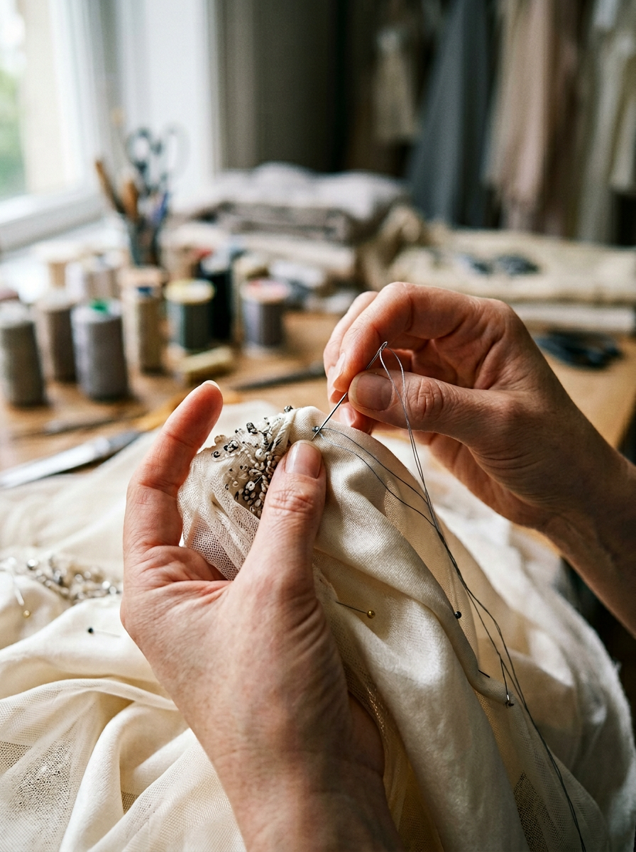 Firefly_Editorial close-up composition of hands working on couture sewing details. Fingers ho 791054